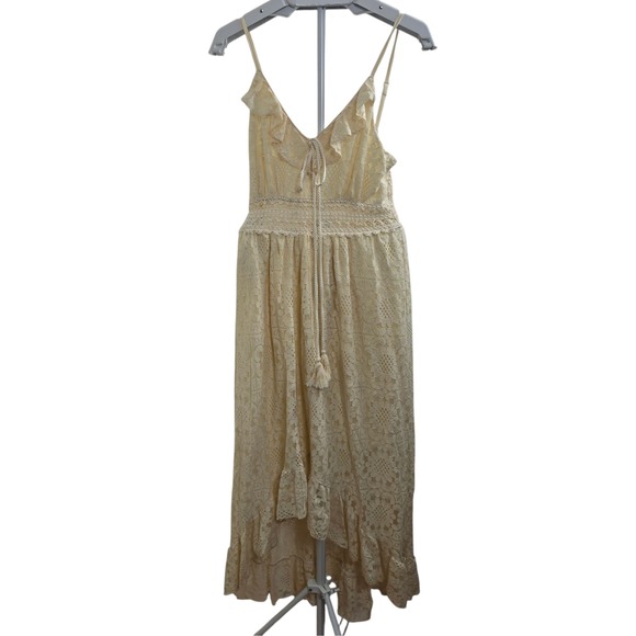 Vince Otto Dresses & Skirts - Vince Otto Ivory Lace‎ Crochet Maxi Dress Smocked Back Tassel Tie Hi Low L/XL